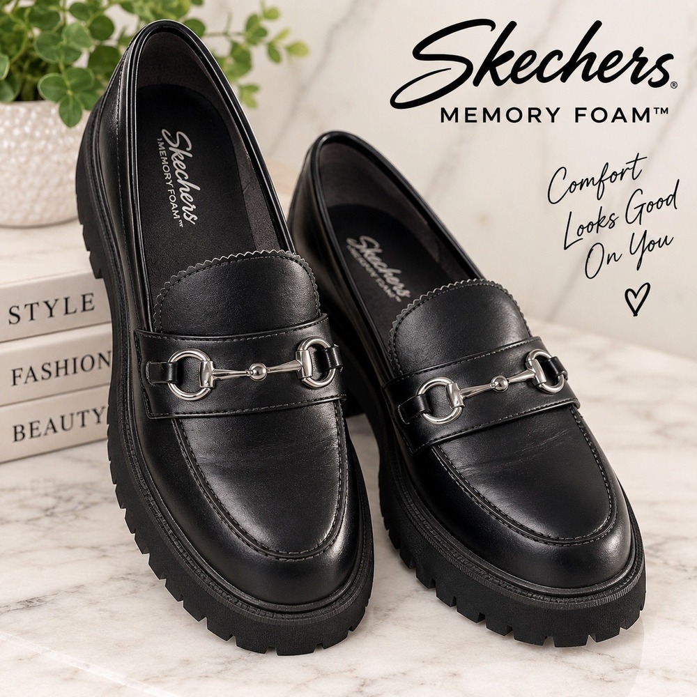 Skechers Womens Black Lug Sole Bit Loafers Memory Foam 158681 BBK Size 8.5